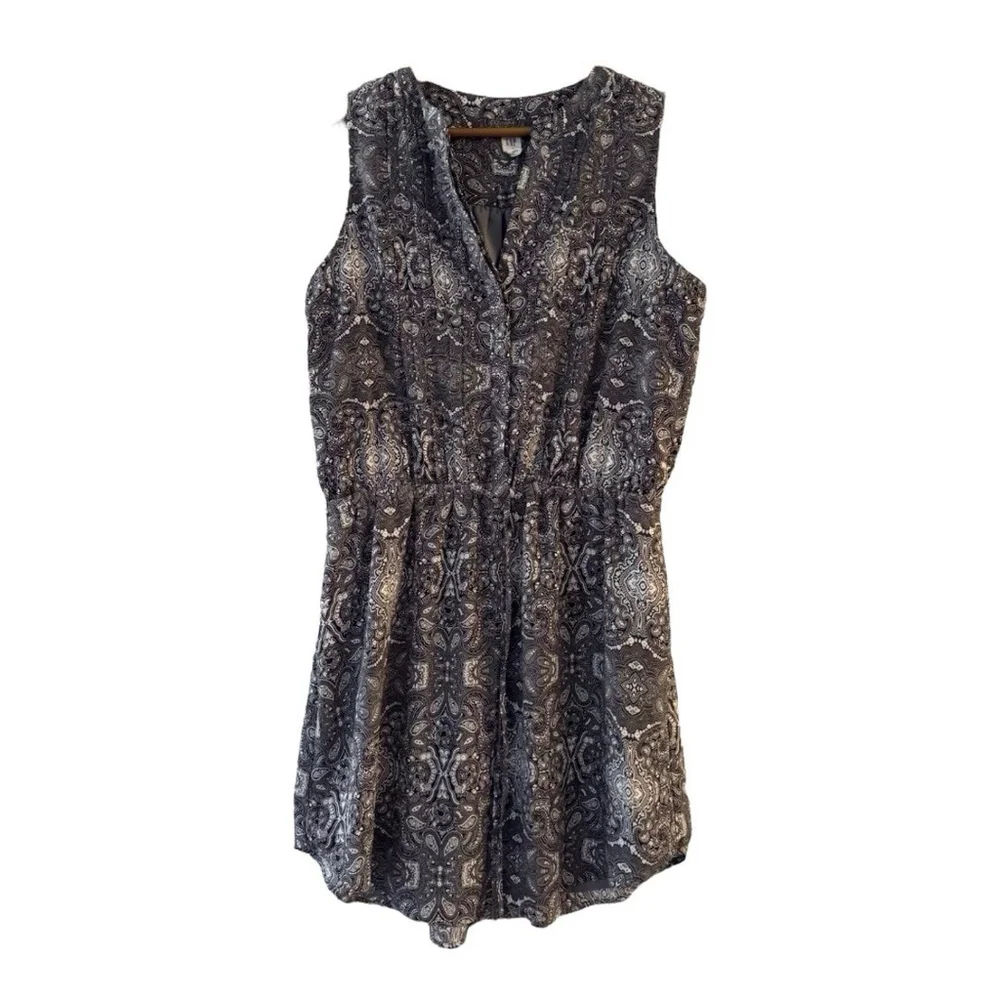 GAP Women's Printed Shirt Dress L Grey Drawstring Waist Pintuck Pleat Sleeveless - Picture 4 of 12